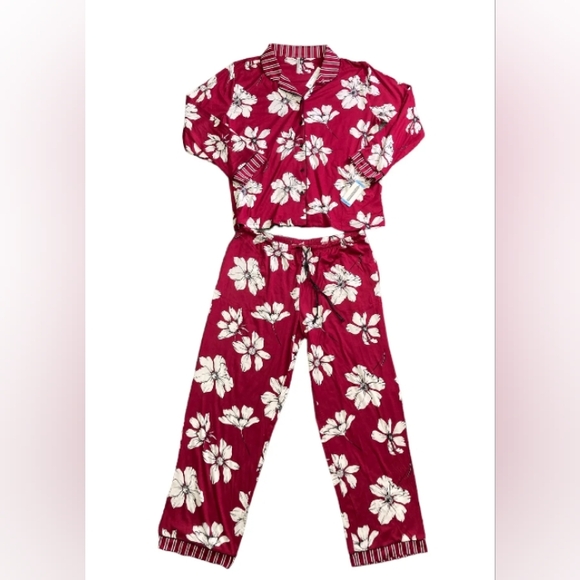 NWT Women's Flora Nikrooz two piece pajama lounge set, burgundy floral, medium - Picture 2 of 8
